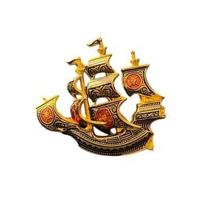 Vintage Damascene Brooch Pirate Ship Spanish Galleon Gold Tone Made in Spain